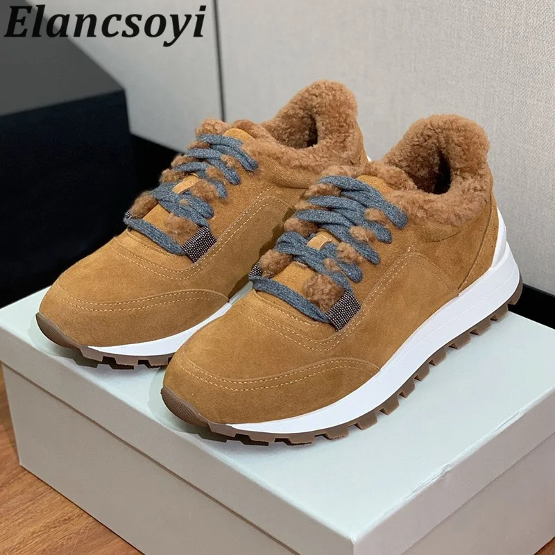Flat Shoes Women Real Wool Lining Warm Casual Shoes Winter Round Toe String Bead Thick Bottom Mixed Color Lace Up Sneakers