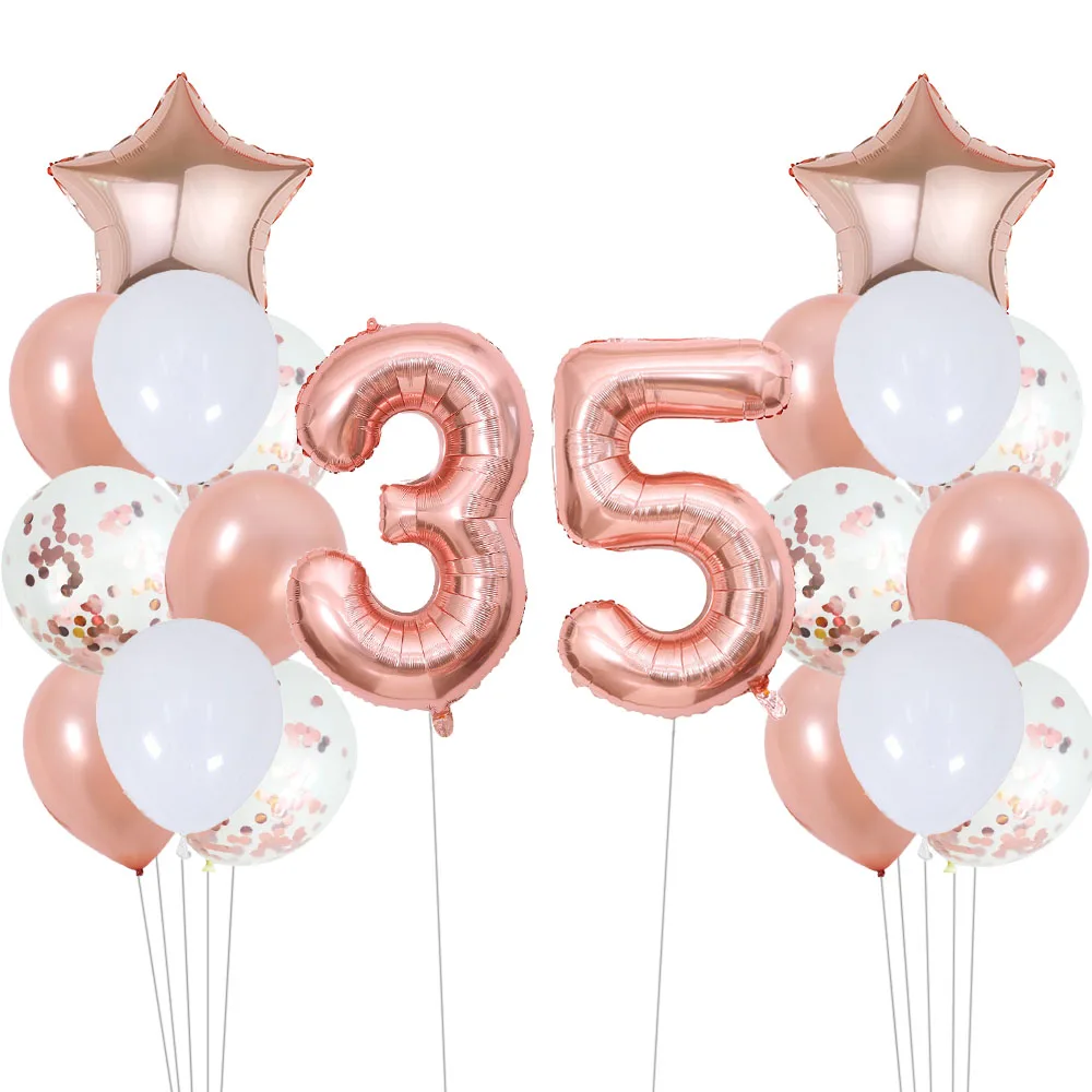 22pcs Rose Gold Number Foil Balloons Happy Birthday Party Decorations Adult Kids 10 11 14 15 16 18 25 30 35 40 50 60 70 Year Old