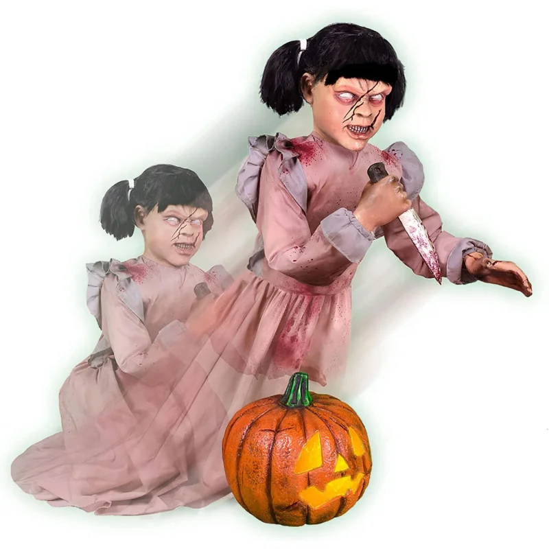 EQHaunted Hill Farm Lunging Pumpkin Carver Zombie Girl by Tekky,Motion-Activated Talking Scare Prop Animatronic for Indoor or Co