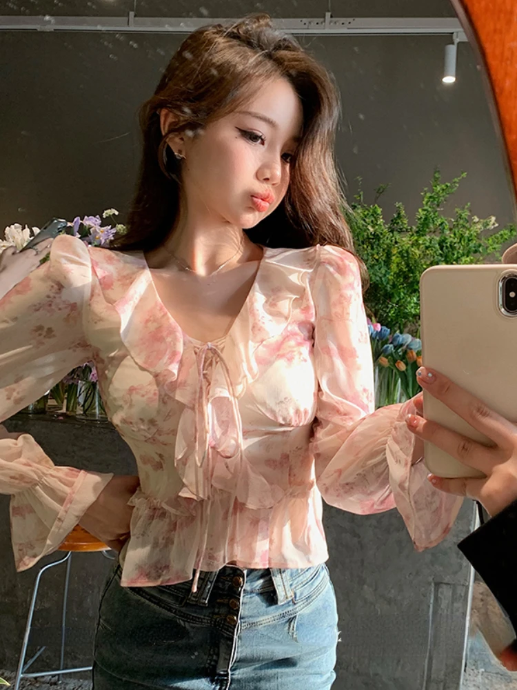 Chiffon Print Elegant Vintage Blouse Women Flare Sleeve Fairy Sweet Blouse Female Ruffles France Style Causal Tops Summer 2023