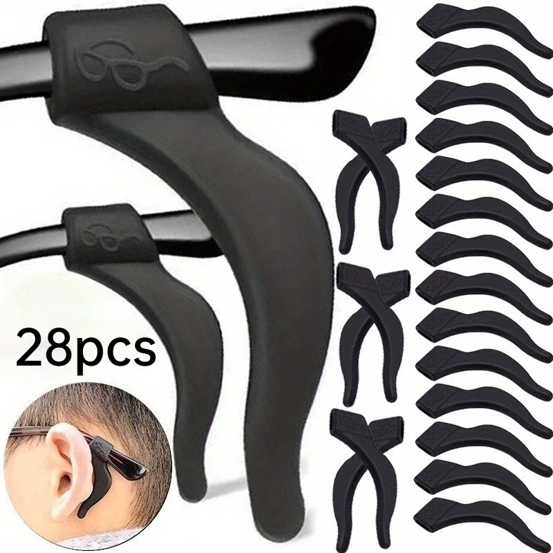 28 Soft Anti Slip Glasses with Ear Hooks,Transparent Temple Legs,Anti Drop Glasses Holder,Black and White color Random