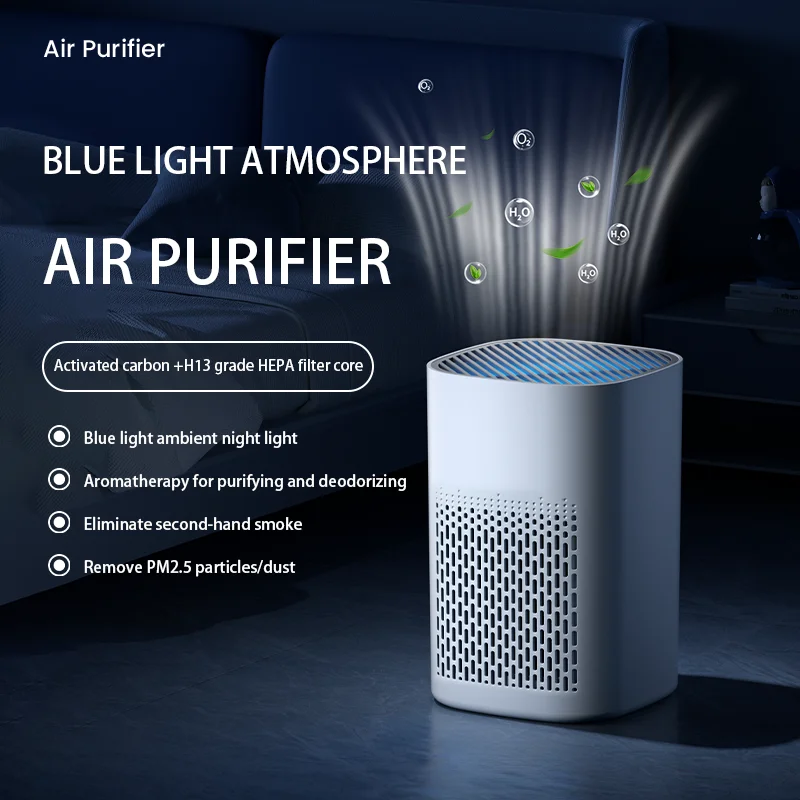 Portable double-layer purifying HEPA H13 air purifier for odor and second-hand smoke removal, made of plastic