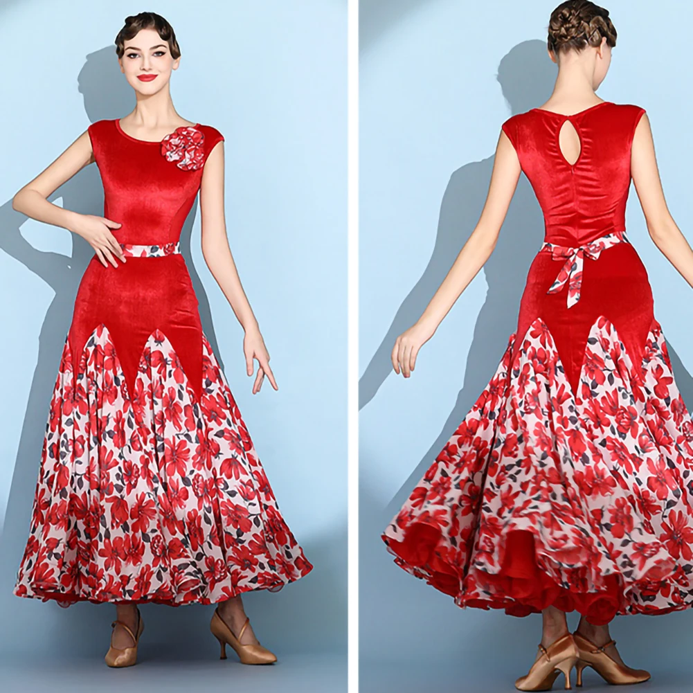 

Standard Competition dress Crewneck Velvet Waltz Ballroom Dress Red Print Sleeveless Stage Performance Costume Green