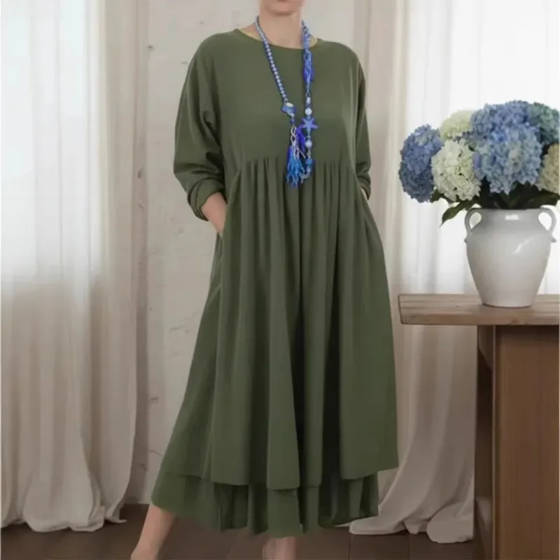 2026 Spring Summer Women's Double Layer Hem Dress Dresses Loose Fit Maxi Gown Solid Color