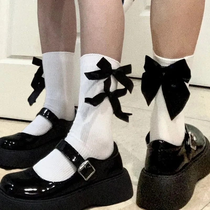 

Japanese Style Cute Bowknot White Socks Sweet Girls JK Lolita Middle Tube Socks Spring Summer Harajuku Kawaii Sock Women Hosiery