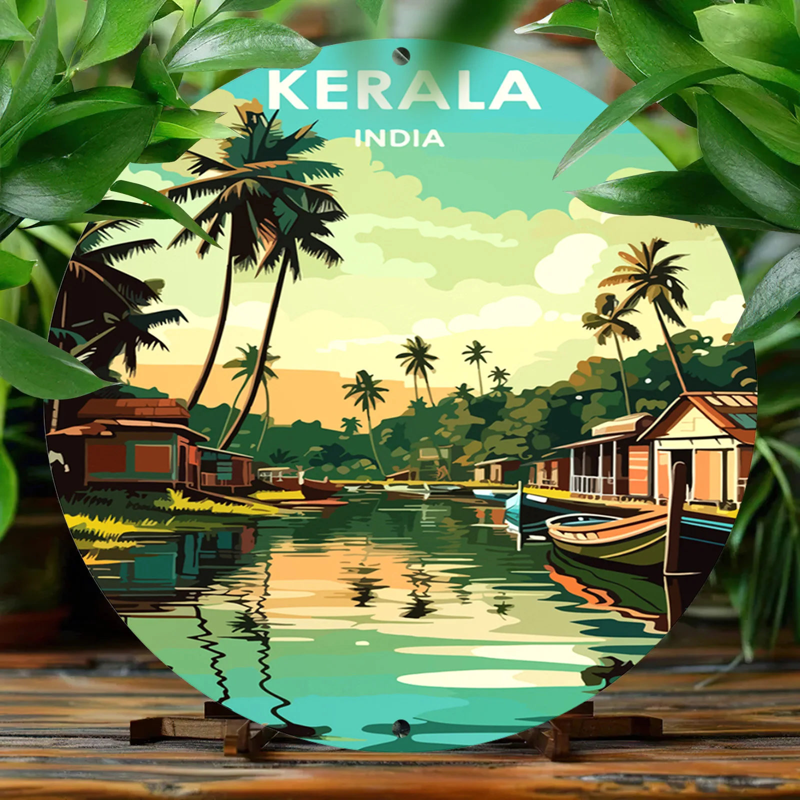 1 pieza de cartel metálico redondo con paisaje escénico de Kerala, India - Preperforado, resistente a la intemperie y a los arañazos, con protección UV, anti-UV
