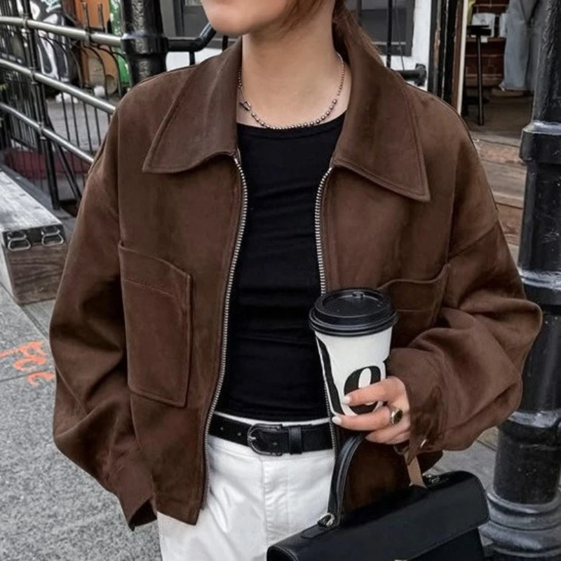 

Women's Fashion Short Jacket Coat Casual Solid Lapel Collar Zipper Suede Full Sleeve Coats 2025 Lady Autumn High Street Outwear