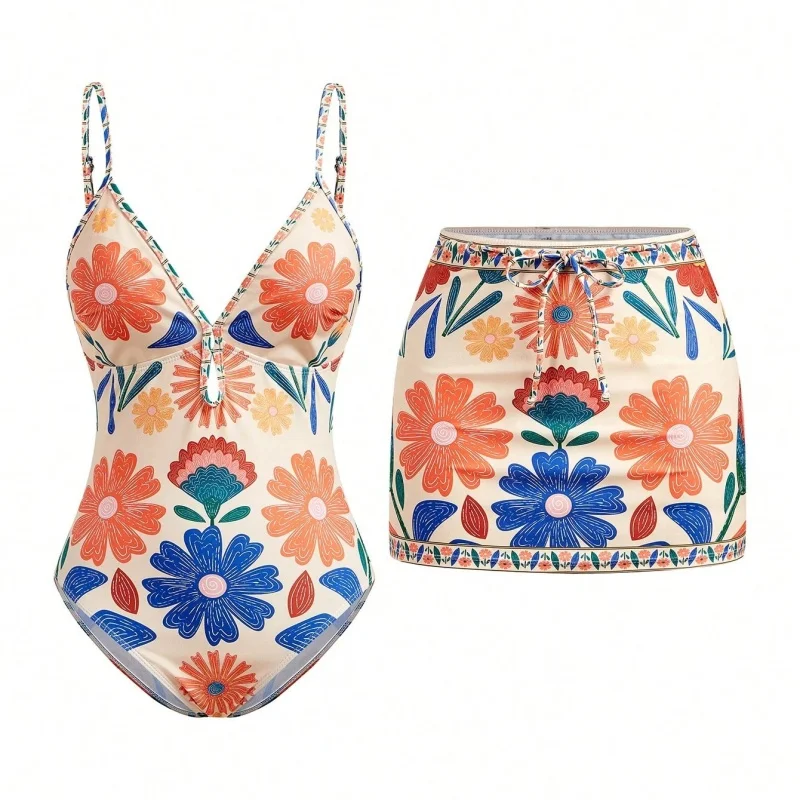 S - XL New Floral Printed With Skirt Women Swimwear One Piece Swimsuit Female V Neck High Leg Cut Bather Bathing Suit Swim