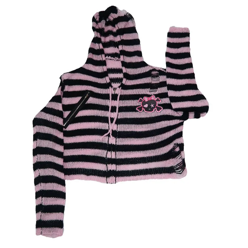 Women Sweater Harajuku Gothic Girl Skull Striped Knitted Sweater Punk Rock Zipper Loose Hooded Short Cardigan Chic Streetwear