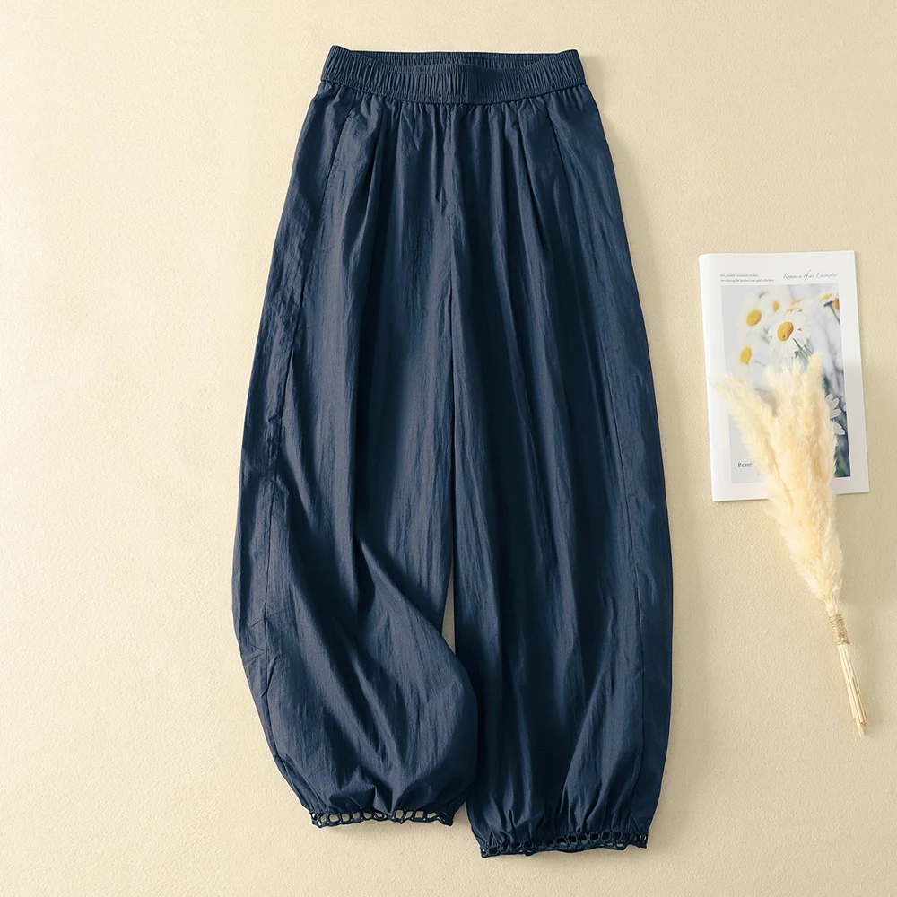 High Waist Lantern Wide Leg Pants Women's plus Size Floral Lace Trim Nine Point Jeans Cotton Casual Trousers for Ladies