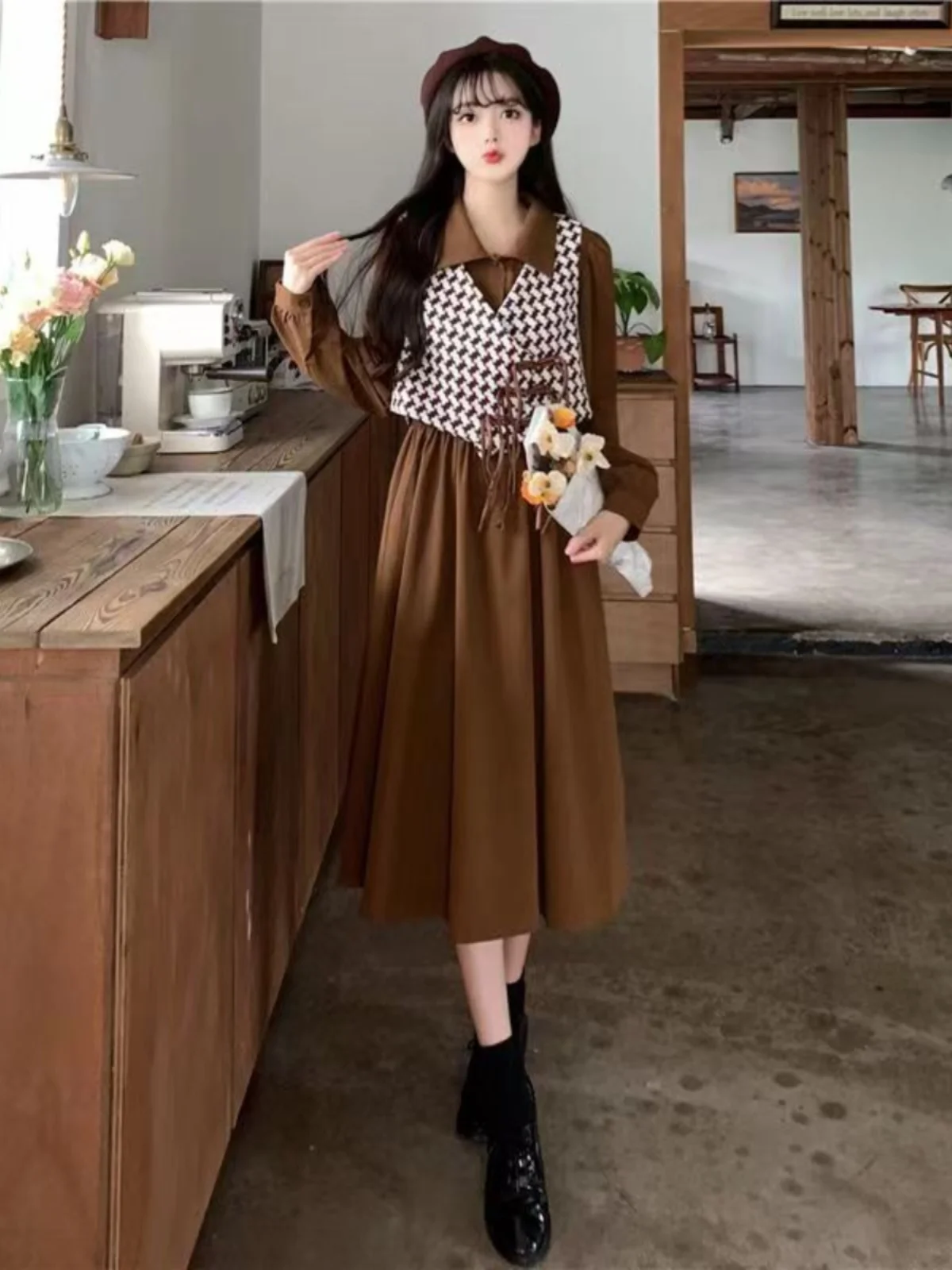 Plus Size 300 Pou Dr Set Autunno Inverno Carne Sciolta Nascondere Gilet scozzese irt Dr Set a due pezzi Faion cinese da donna