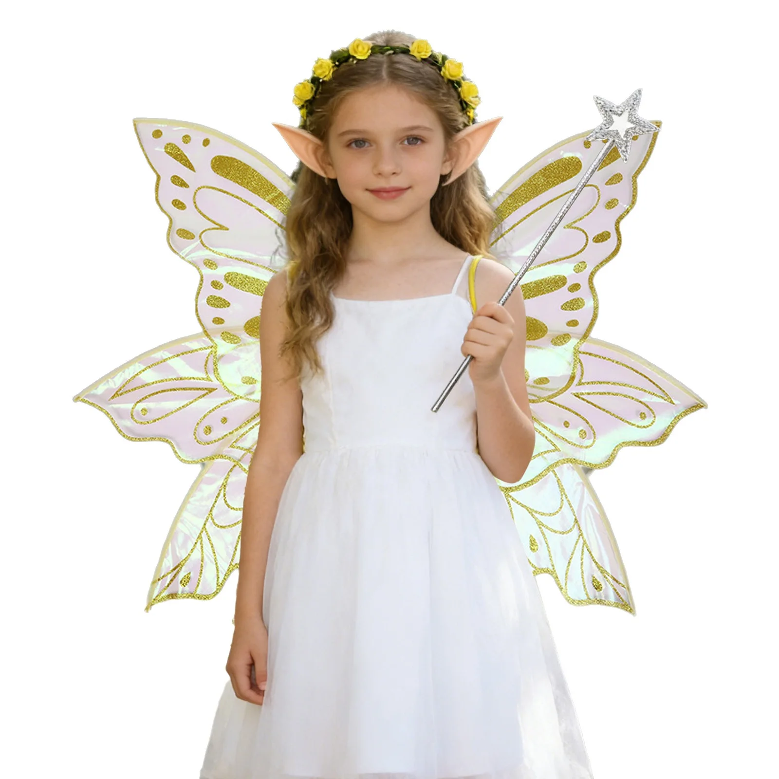 4Pcs Fairy Wings Set Butterfly Wings Garland Fairy Ears And Magic Wand for Halloween Dress Up Sparkling Butterfly Fairy