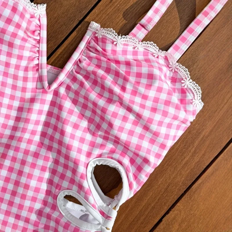 Traje de baño adelgazante de una pieza, diseño de cintura con corte lateral y estampado de guingán, traje de baño Sexy, traje de baño con corsé de verano, trajes de playa para nadar