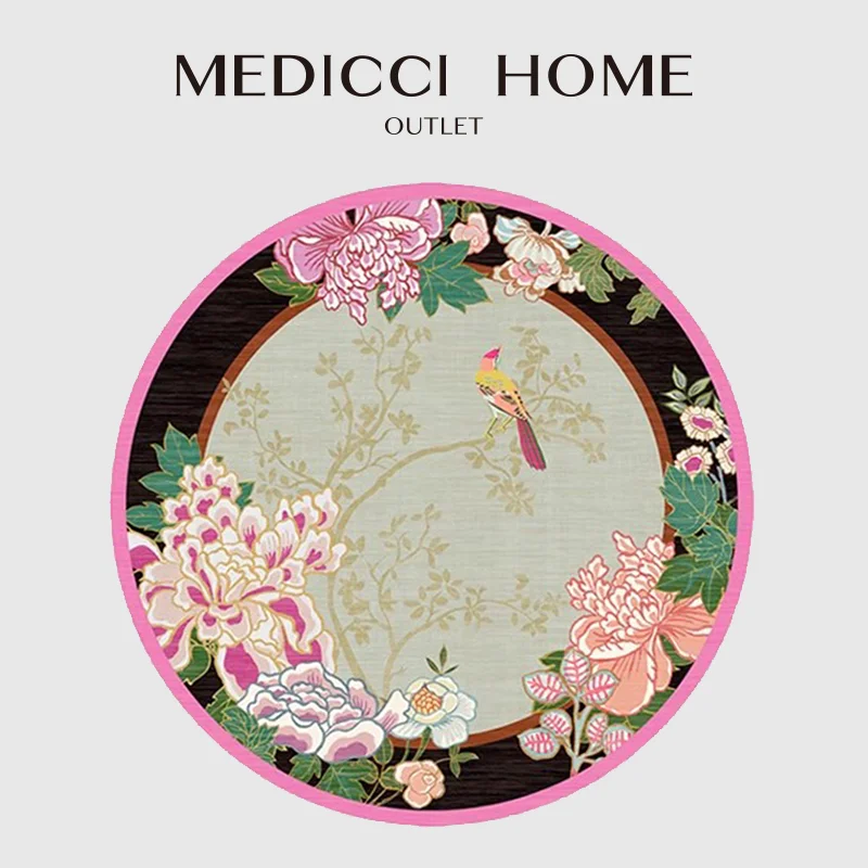 Medicci Home Chinoiserie Scenic Peony Garden Bird Printed Retro Carpet Super Soft Plush Round Area Rug Floor Mat Chic Home Decor