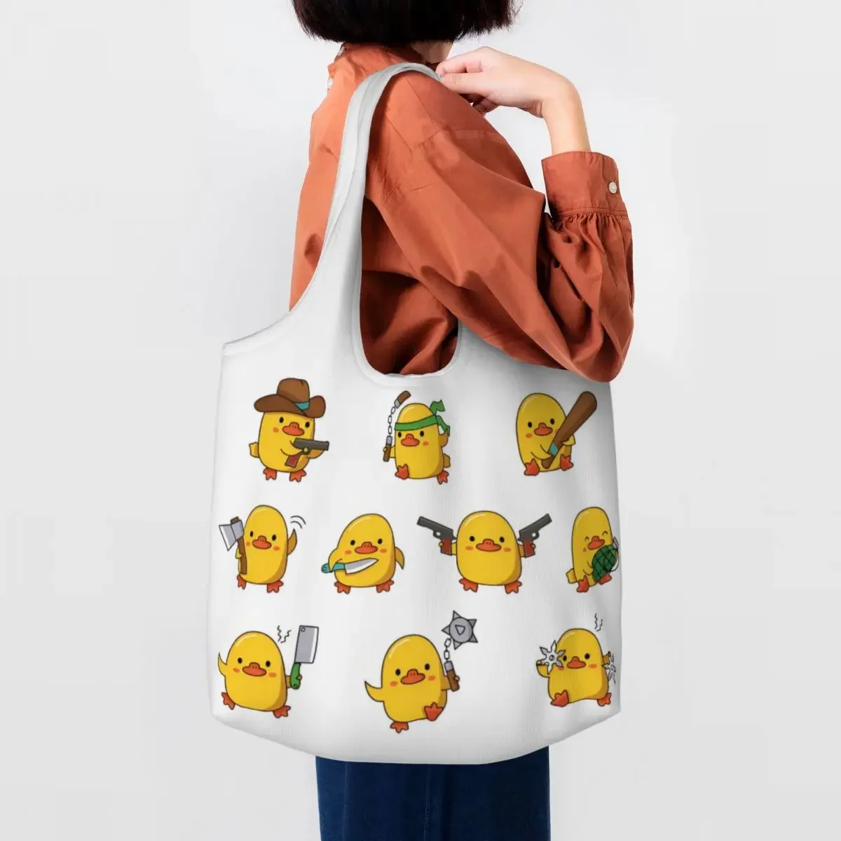 

Custom Set Of With Dangerous Cute Ducks Canvas Shopping Bag Women Washable Big Capacity Groceries Shopper Tote Bags