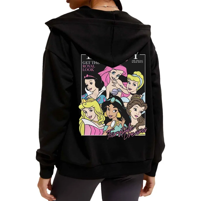 Novo outono e inverno disney moda zíper hoodie requintado princesa impressão confortável solto de manga comprida moletom feminino