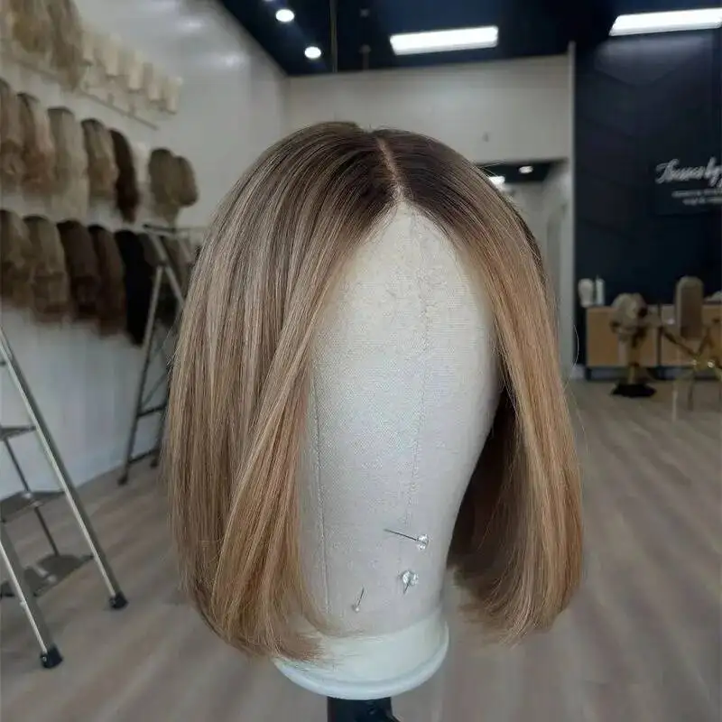 Ombre Bob Glueless Wig Synthetic Hair Natural Straight HD Lace Front Highlight Short Bob Brown Cosplay Wig for Women