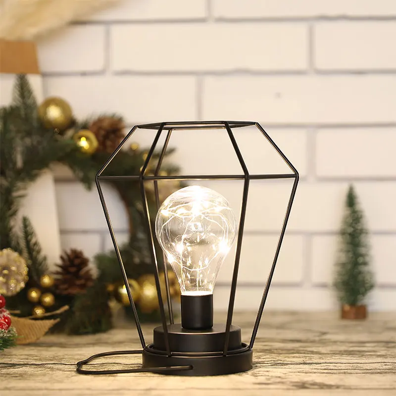 Diamond Metal Cage Table Lamp Black Battery Powered Hanging Lamp with Hook for Wedding Garden Patio Indoor Outdoor Home Decor