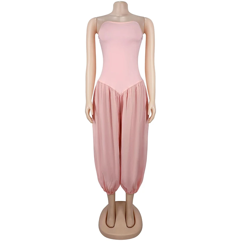 BKLD 2026 New Women's Casual Jumpsuit Lantern Pants Off-shoulder Sleeveless Open Back Strapless Solid Color Pleated Romper Party