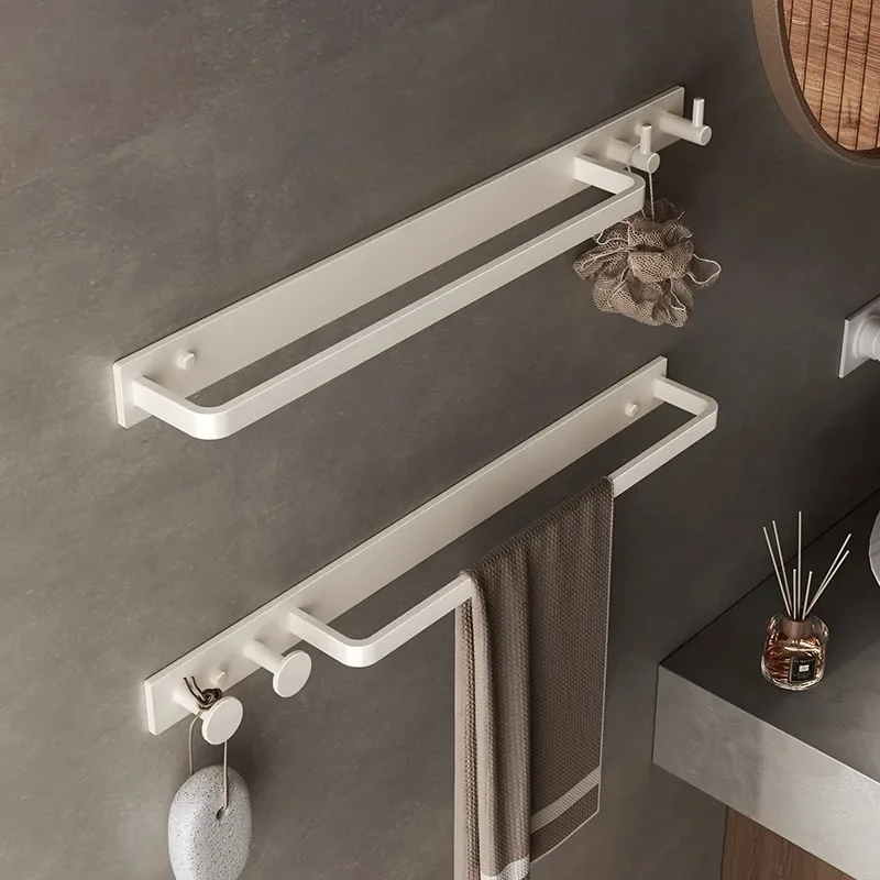 Cream white 304 stainless steel towel bar, non perforated multifunctional single pole bathroom and minimalist towel rack