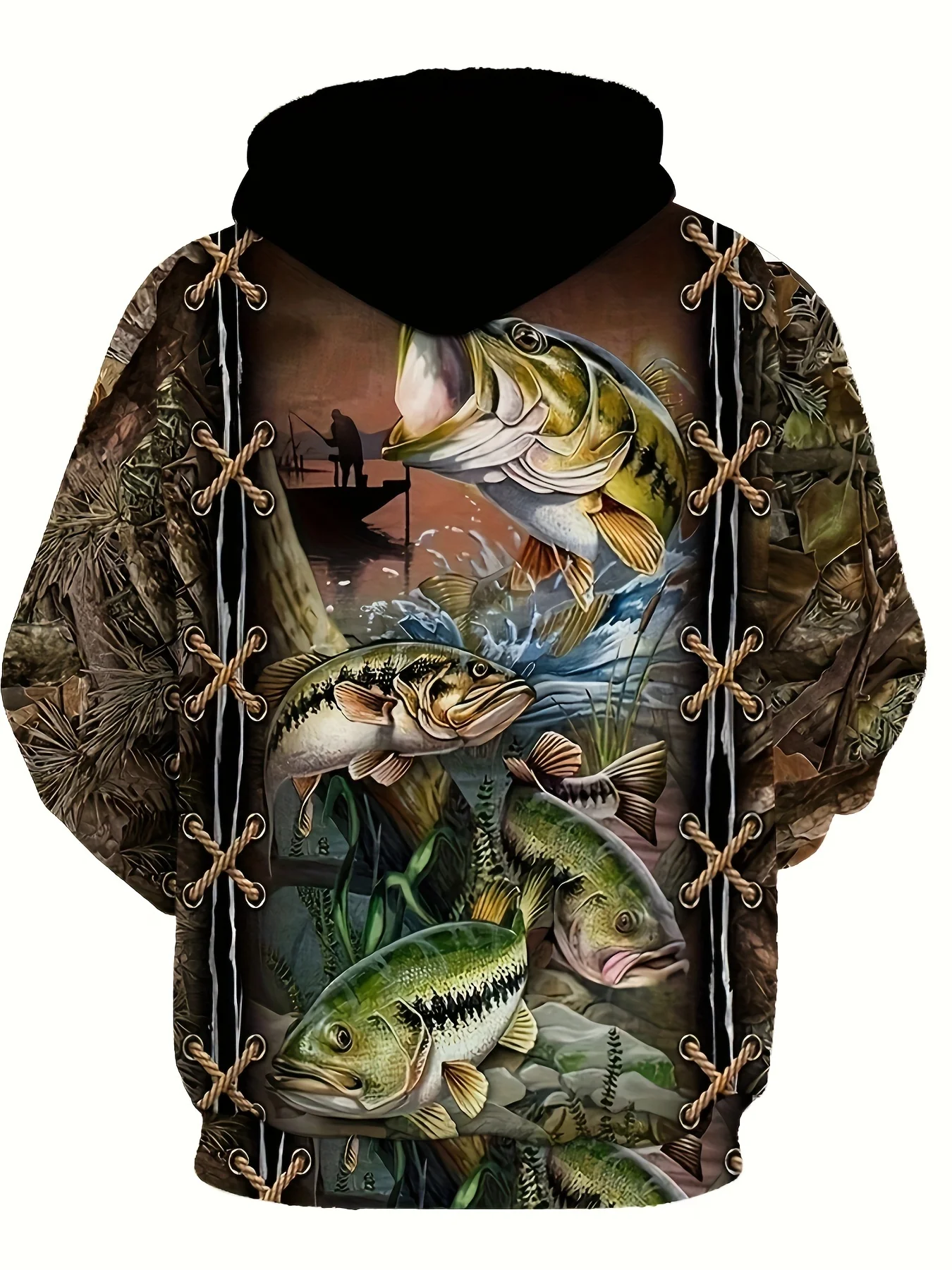 Spring Fall Men's Fashion Loose Fish Pattern Hoodie With Pockets Casual Long Sleeve Hooded Sweatshirt Outdoor Fishing Activities