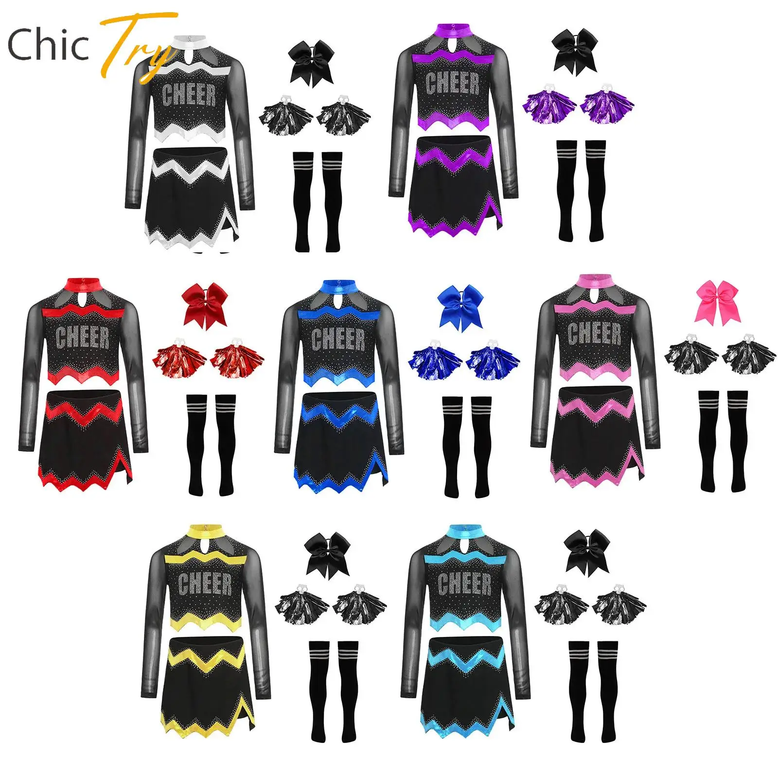 

Kids Girls Cheerleading Uniform Long Sleeve Dance Costume Kids Cheerleader Outfit Rhinestone Crop Top+Skirt+Accessories Outfit
