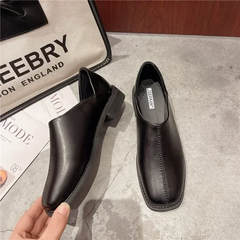 

Single Shoes Women 2025 Spring New Fashion Square Toe Small Leather Shoes Female Shallow Solid Work Shoes Zapatos De Mujer