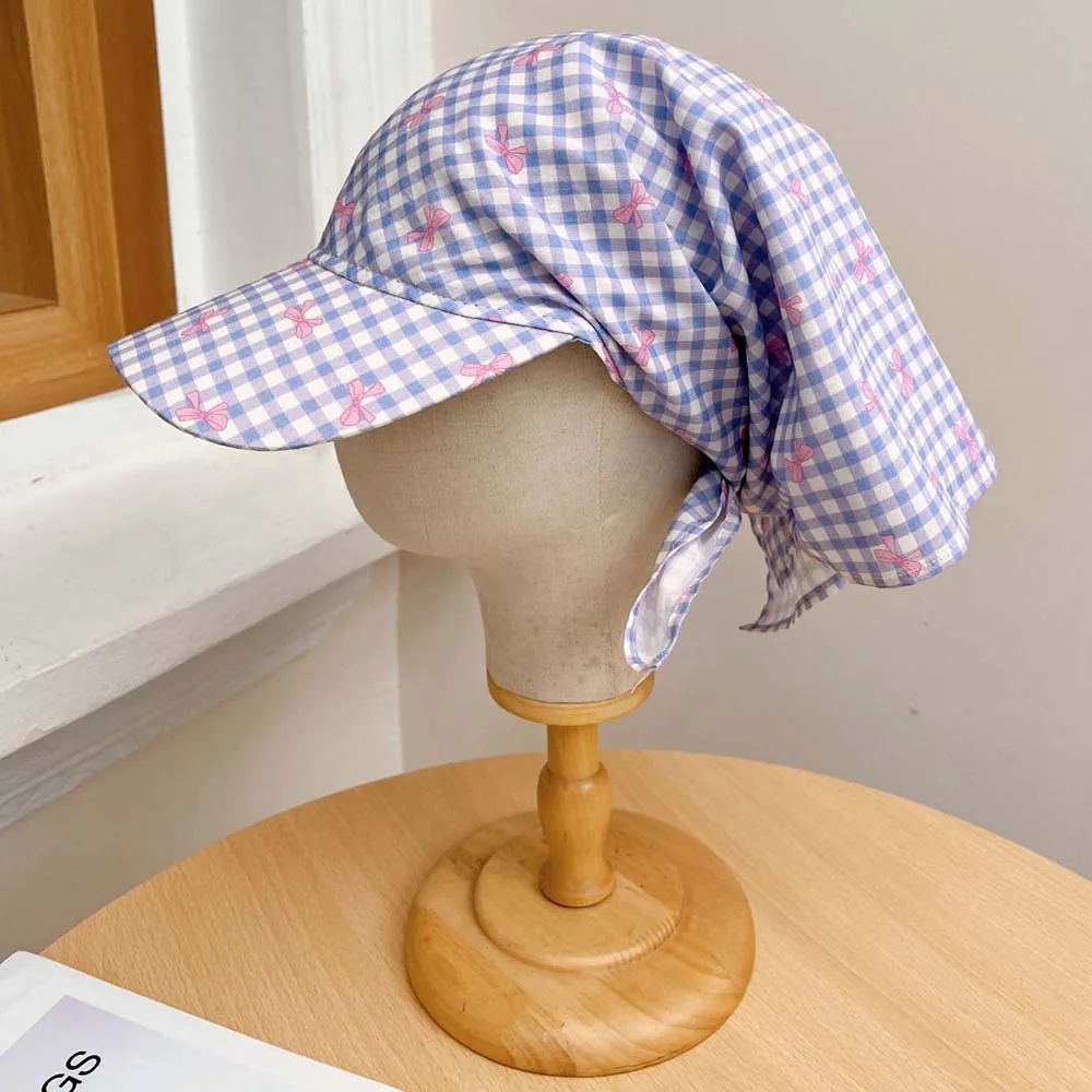 

Driving Rural Style Headscarf Baseball Hat Bow Plaid Scarf Peaked Cap Soft Cotton Strappy Bandana Cap Camping