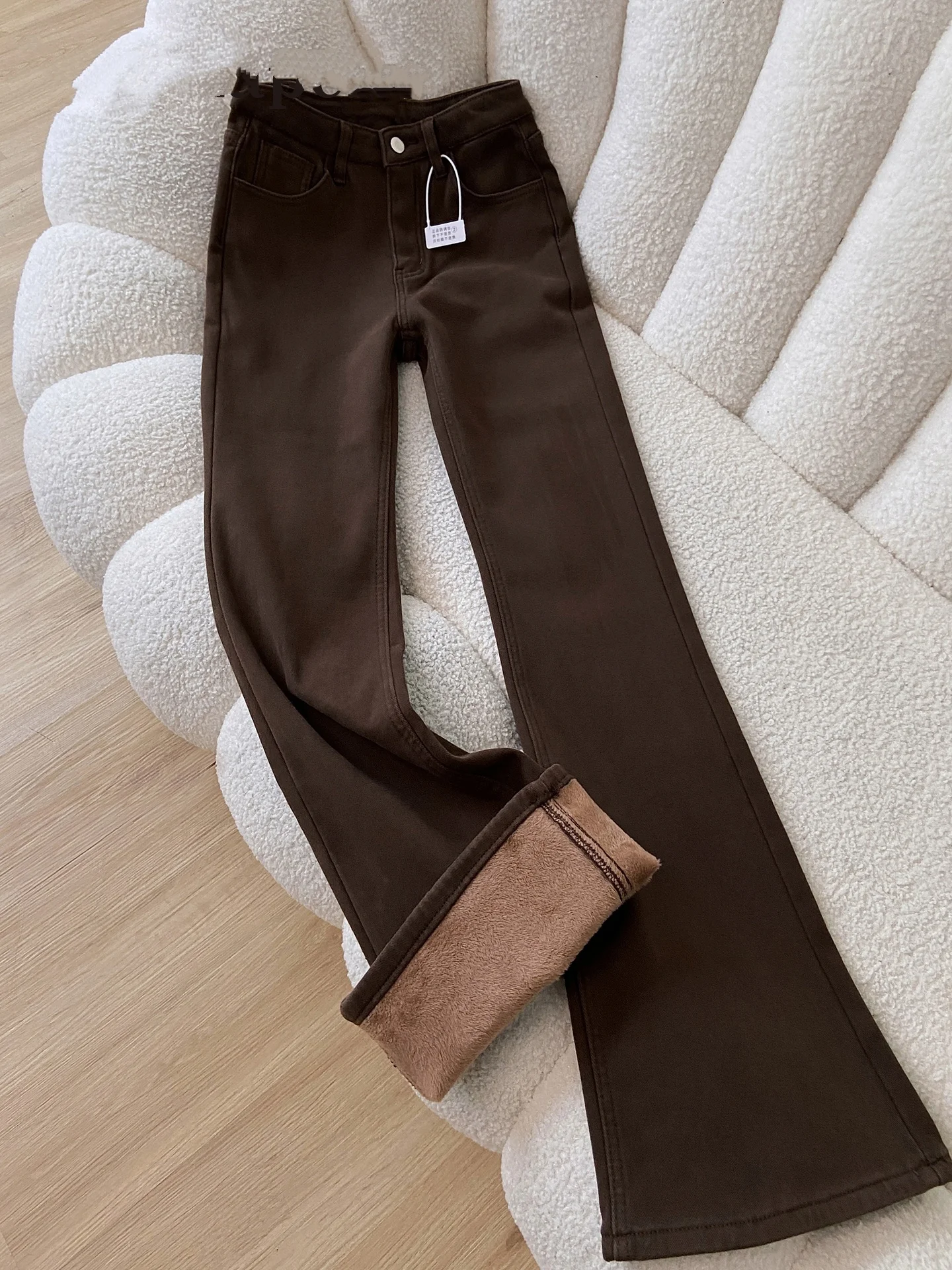Retro American Fleece Lined Thickened Bell Bottom Jeans Women's Coffee Color Autumn Winter High Waist Small Size Bell Pants