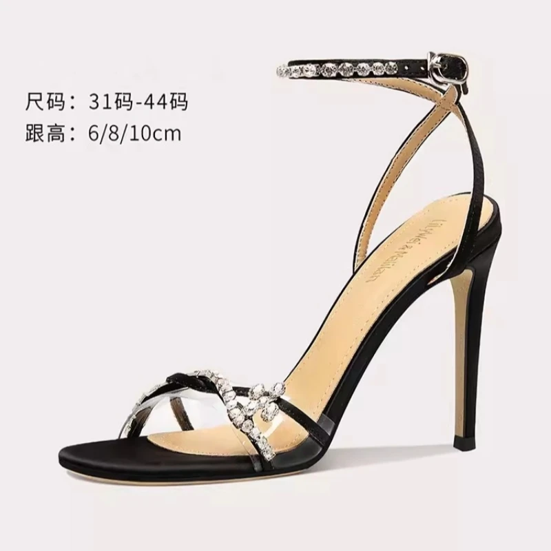 

Summer new rhinestone flower silk surface with sexy sandals, slim high heels, banquet dress, large and small women's shoes