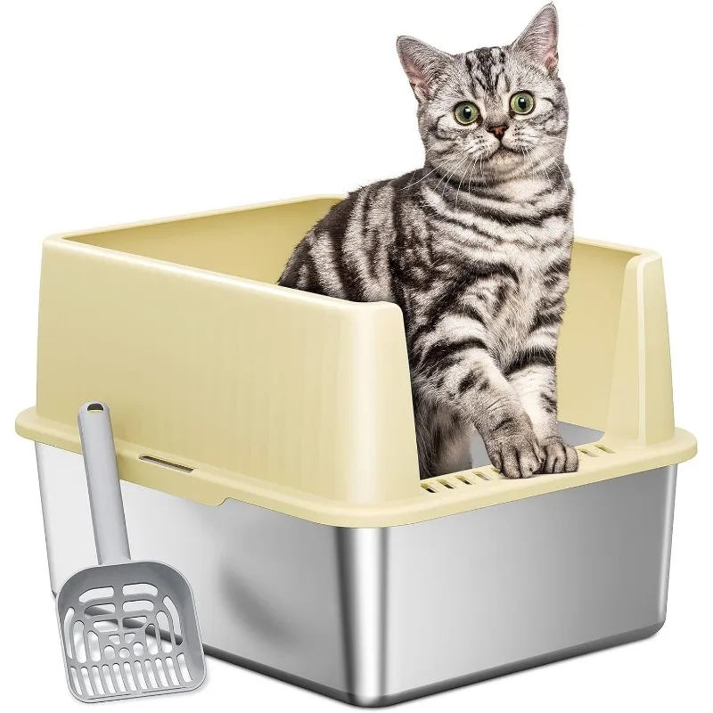 

Stainless Steel Litter Box, Cat Litter Box with Lid, 17" L x 13.3" W x 11.8" H, Metal Litter Box for Kitty Cats with High Sided