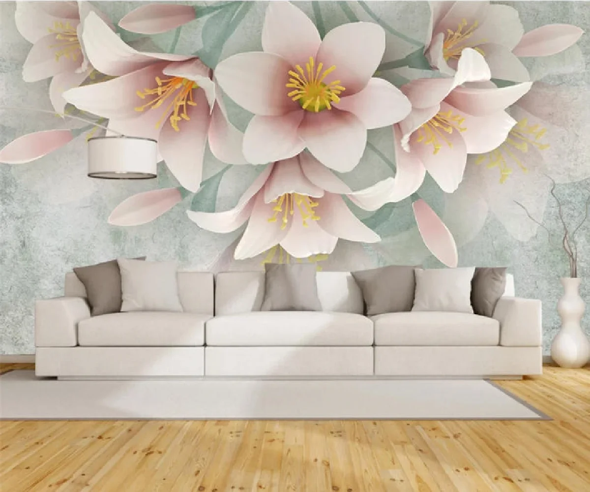 Customized photo wallpaper three-dimensional pink lily flower relief living room background wall decoration papier peint mural ﻿