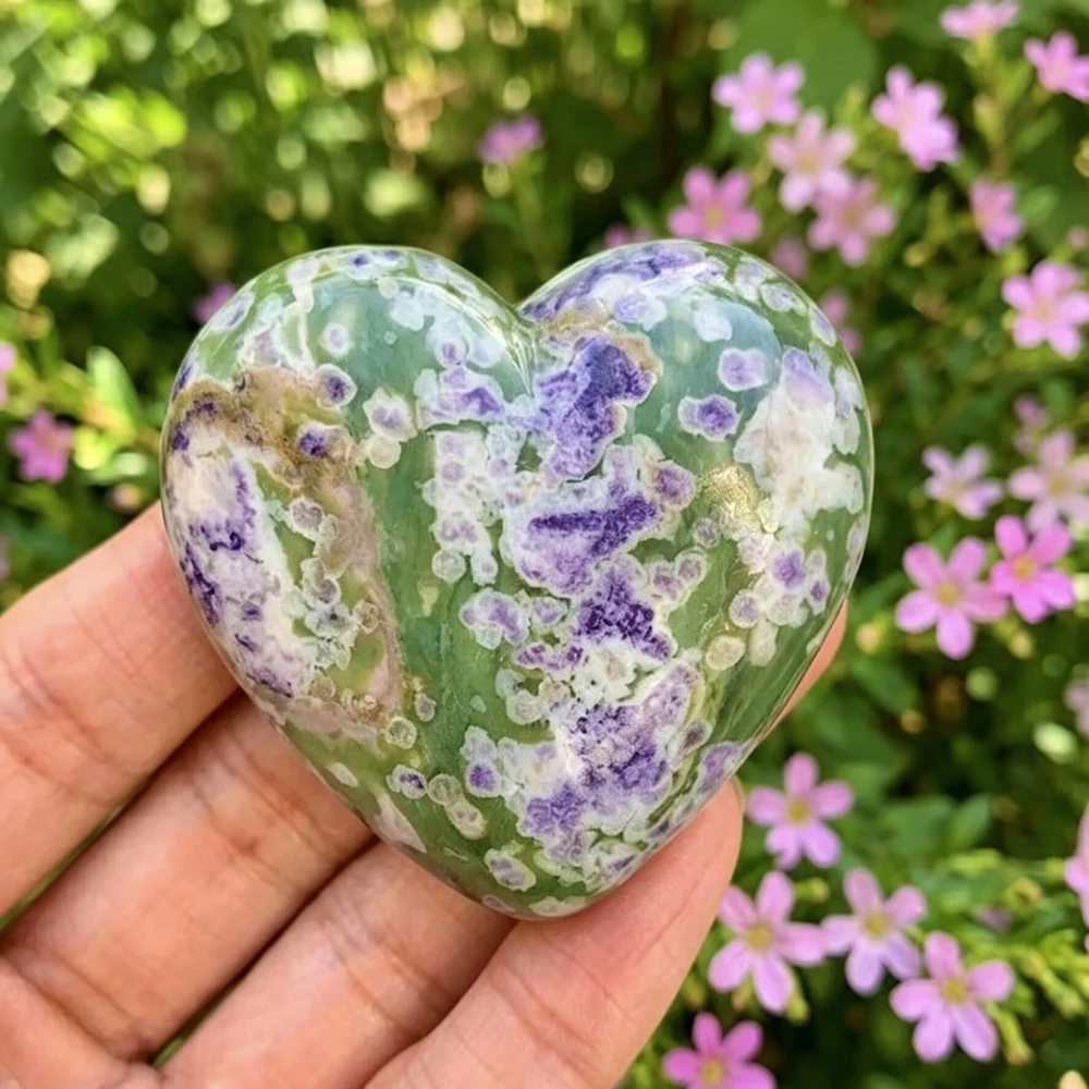 Natural Snowflake Jade Heart Carving, Polished Auspicious Gemstone, Healing Craft Home Decor Collectible Gift