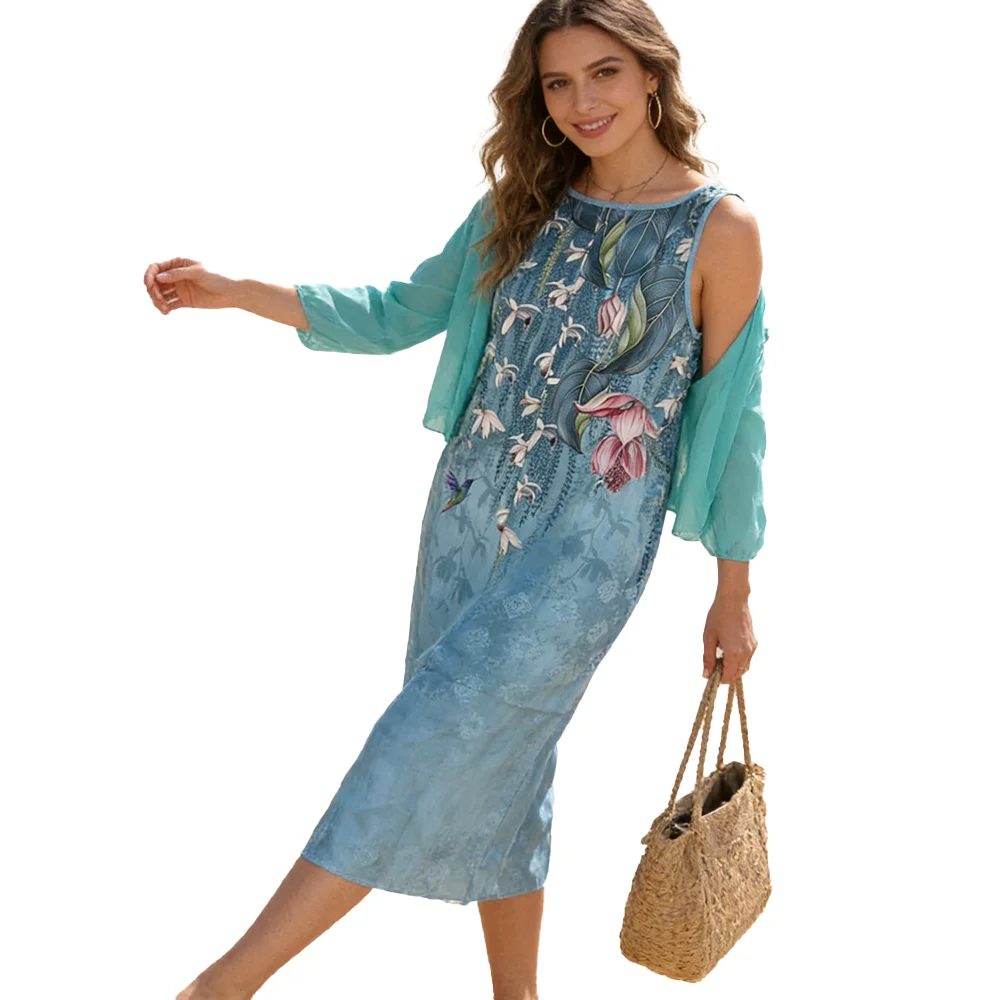

Bohemian Floral Midi Dress & Sheer Green Cardigan Two-Piece Set - Casual Beachwear