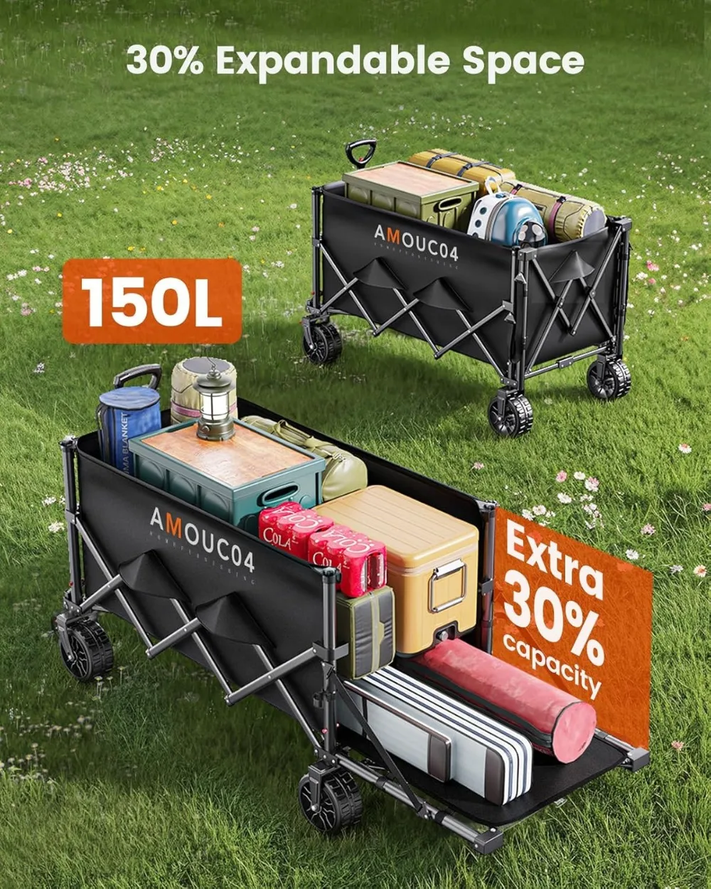 Складная складная тележка емкостью 150 л с подстаканниками для кемпинга и сада, продуктов питания на открытом воздухе