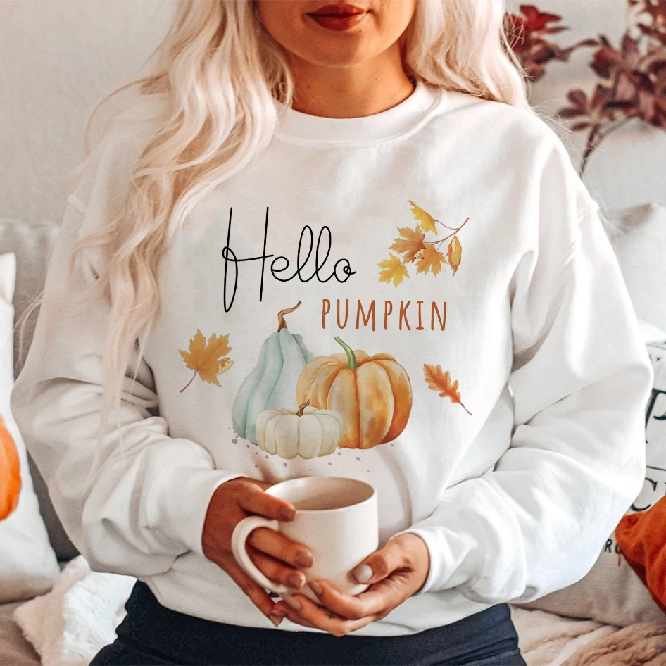 Hello Pumpkin Print Sweatshirt Thankful Grateful Blessed Hoodie Women Fashion Thanksgiving Pullover Streetwear Halloween Clothes