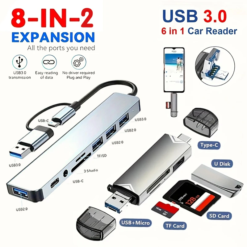 USB 8 in 2 Type C Docking Station 5Gbps with SD TF Card Reader 3.5mm Audio PD Fast Charge for MacBook Air PC