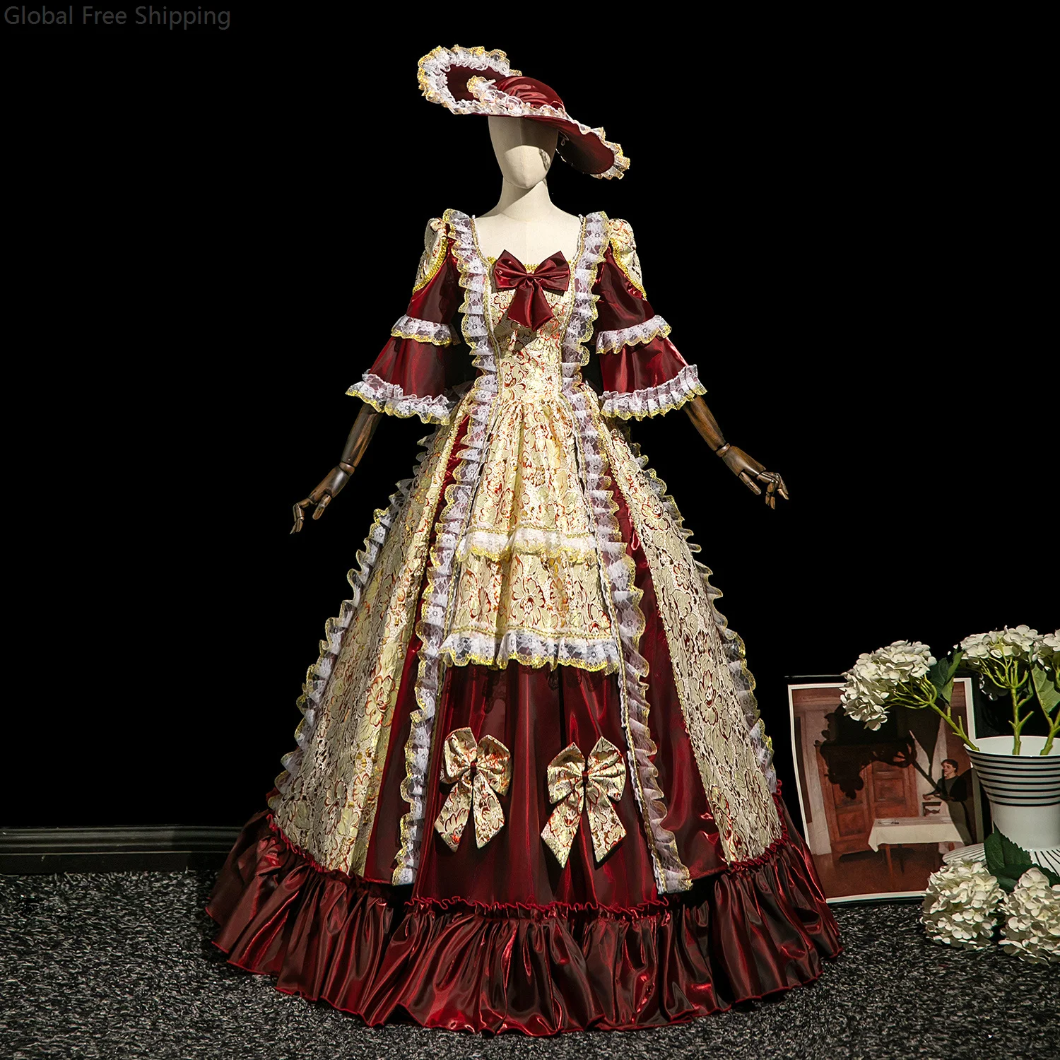 

Medieval Court Evening Dress Cosplay Renaissance Christmas Dress Victorian Red Wine Party Masquerade Parade Girl Lolita Gown