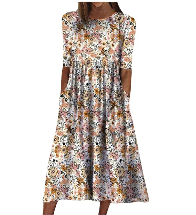 Vestido Floral de verano para mujer, Jersey de manga media con cuello redondo, cintura alta, bolsillo, largo, suelto, informal, a la moda, nuevo