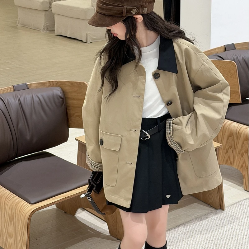 2026 Autumn/Winter New Children's Retro Khaki Medium Length Chaotic Clash Collar Windbreaker