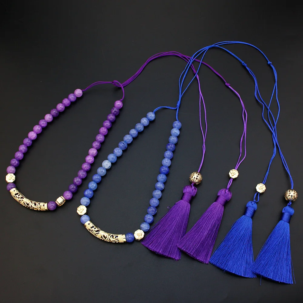 Natural Stone Beads Neckalce Tassels Necklace Handmade Women Knitting Choker Arabic Caftan Banquet Jewelry Neck Chain Sunspicems