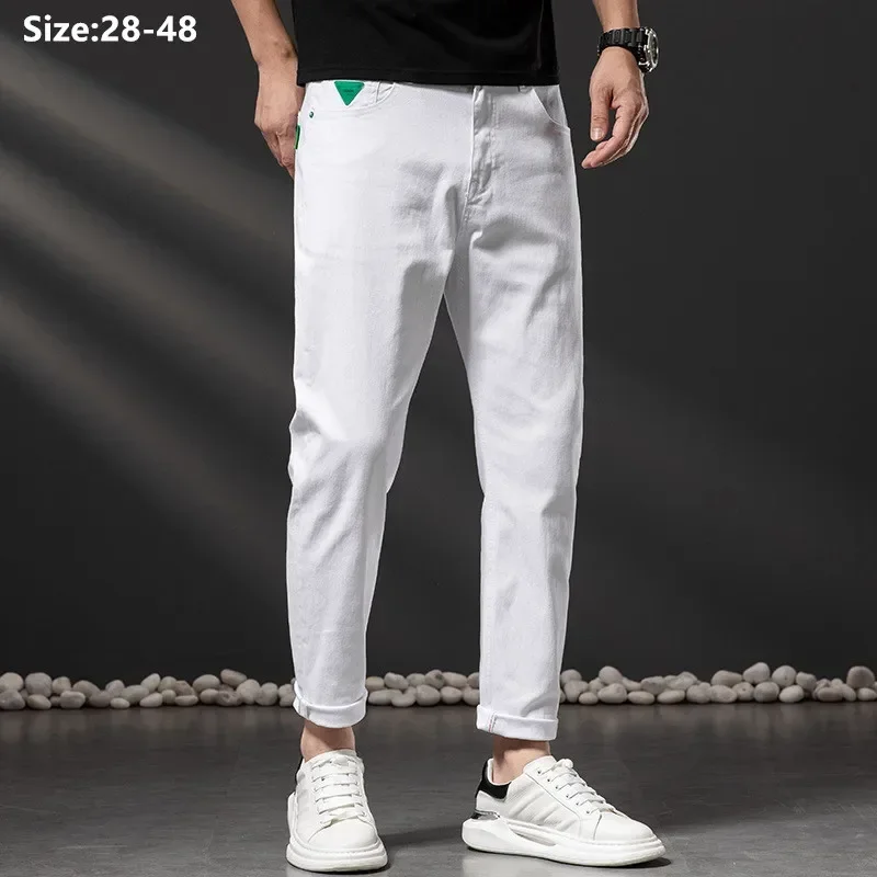 Pure White Jeans Ankle Length Men Plus Size 48 44 42 Autumn Elastic Denim Trousers 46 Pencil Oversized Stretched Cowboy Pants