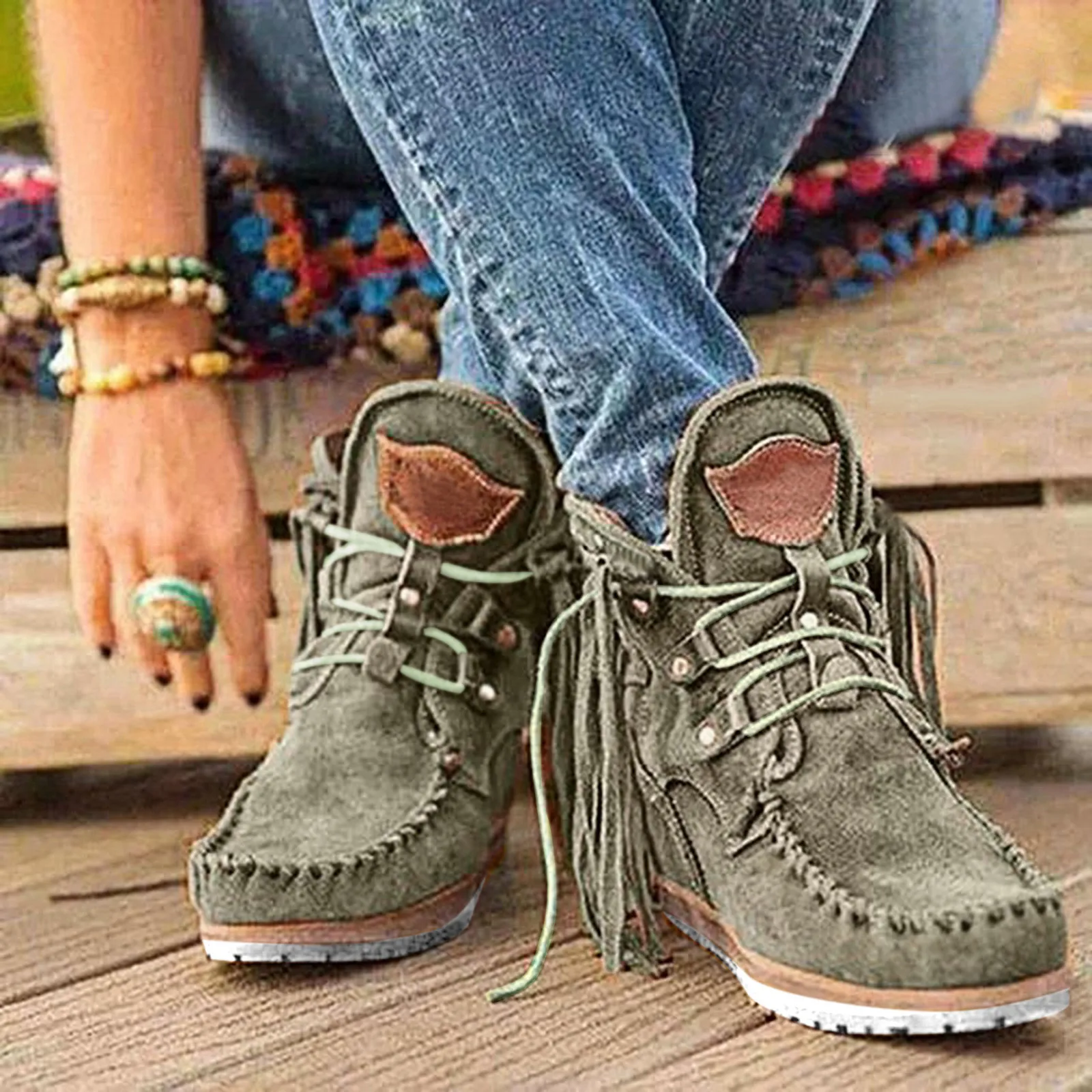 Vintage Tassel Ankle Boots Round Toe Solid Flat Heels Casual Bohemia Style Boots Women Autumn Winter Comfort Warm Short Boots