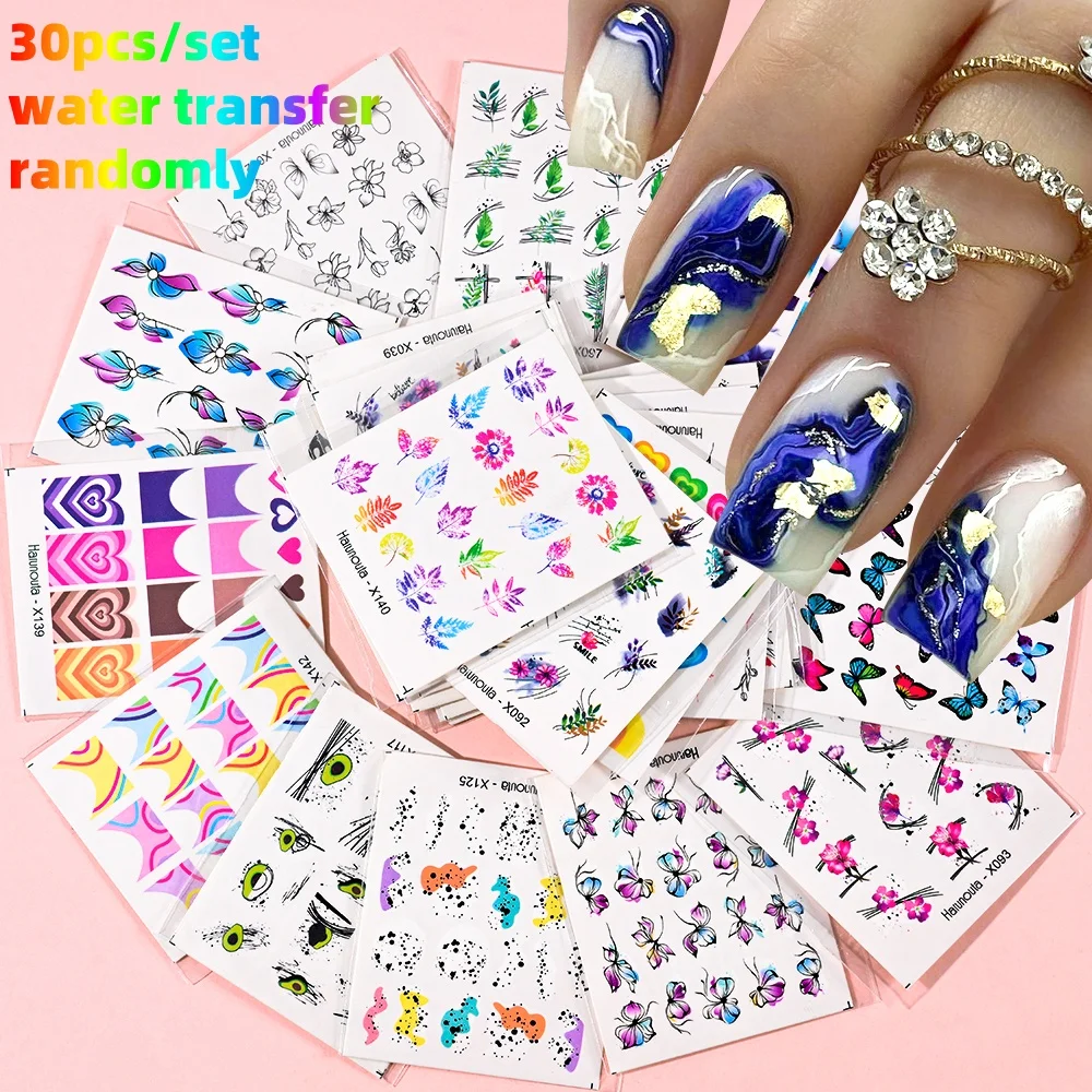 30pcs Flower Nail Foils Floral Butterfly Avocado Fruit Leaves Transfer Paper Stickers Non-Adhesive Wraps Set Nail Art Decoration