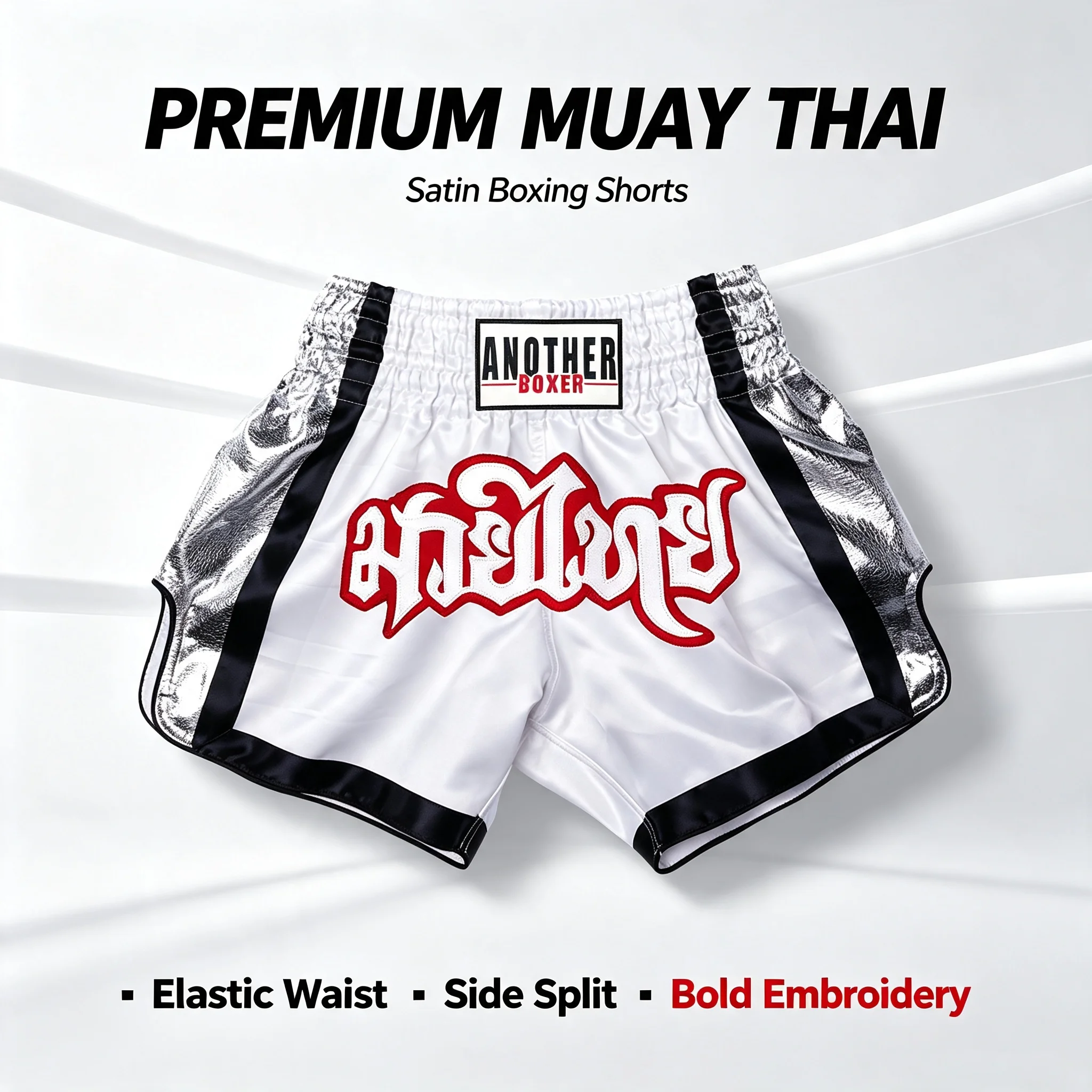 Premium Boxing Shorts Silver Panel Classic Muay Thai Trunks for Training Martial Arts MMA Kickboxing Sparring Competition Wear