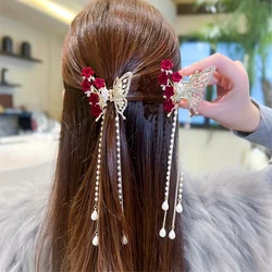 1pc Faux Pearl Tassel Hair Claw Clip Red Rose Jaw Clips Metal Shark Clips For Women Girls Hair Styling Accessories