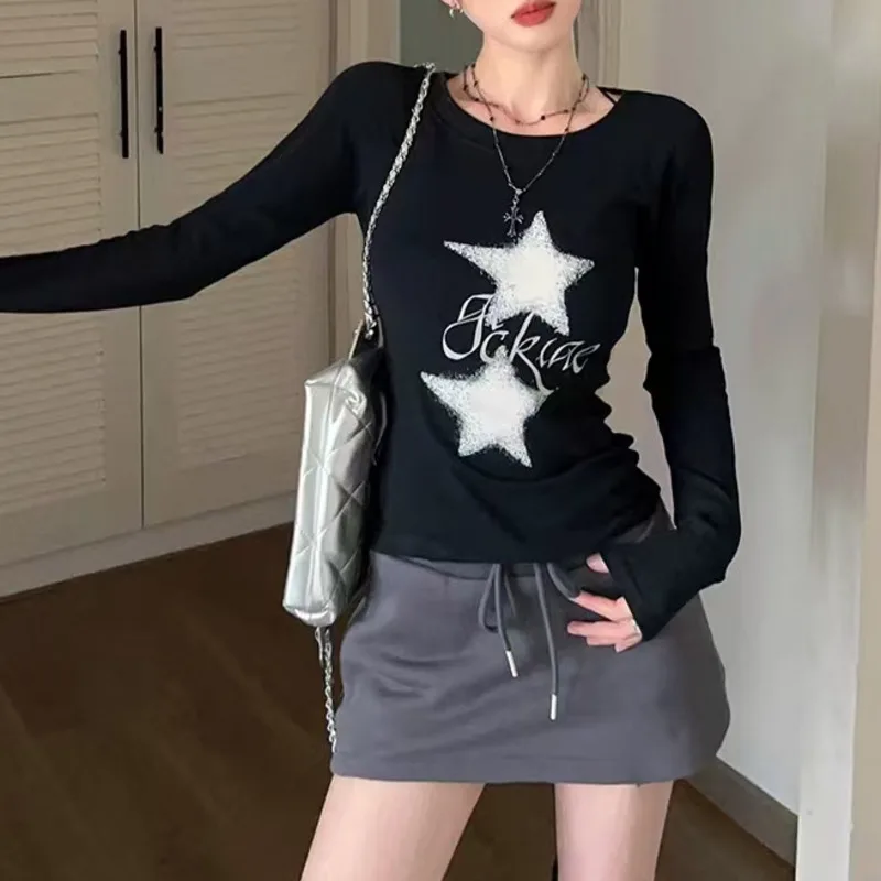 Star English Top Girls Y2K Printed American Retro Splicing Threaded T-shirt Women Autumn Bottom Shirt Hot Girl Long Sleeve Top