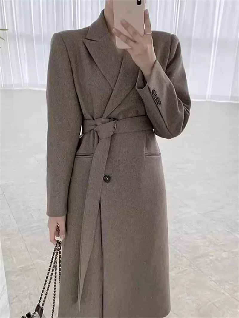 

Autumn/Winter Vintage Suit Collar Long Jacket Blazer Windbreaker For Women Double Pocket Lace Up Waist Slim Woolen Coat z5010