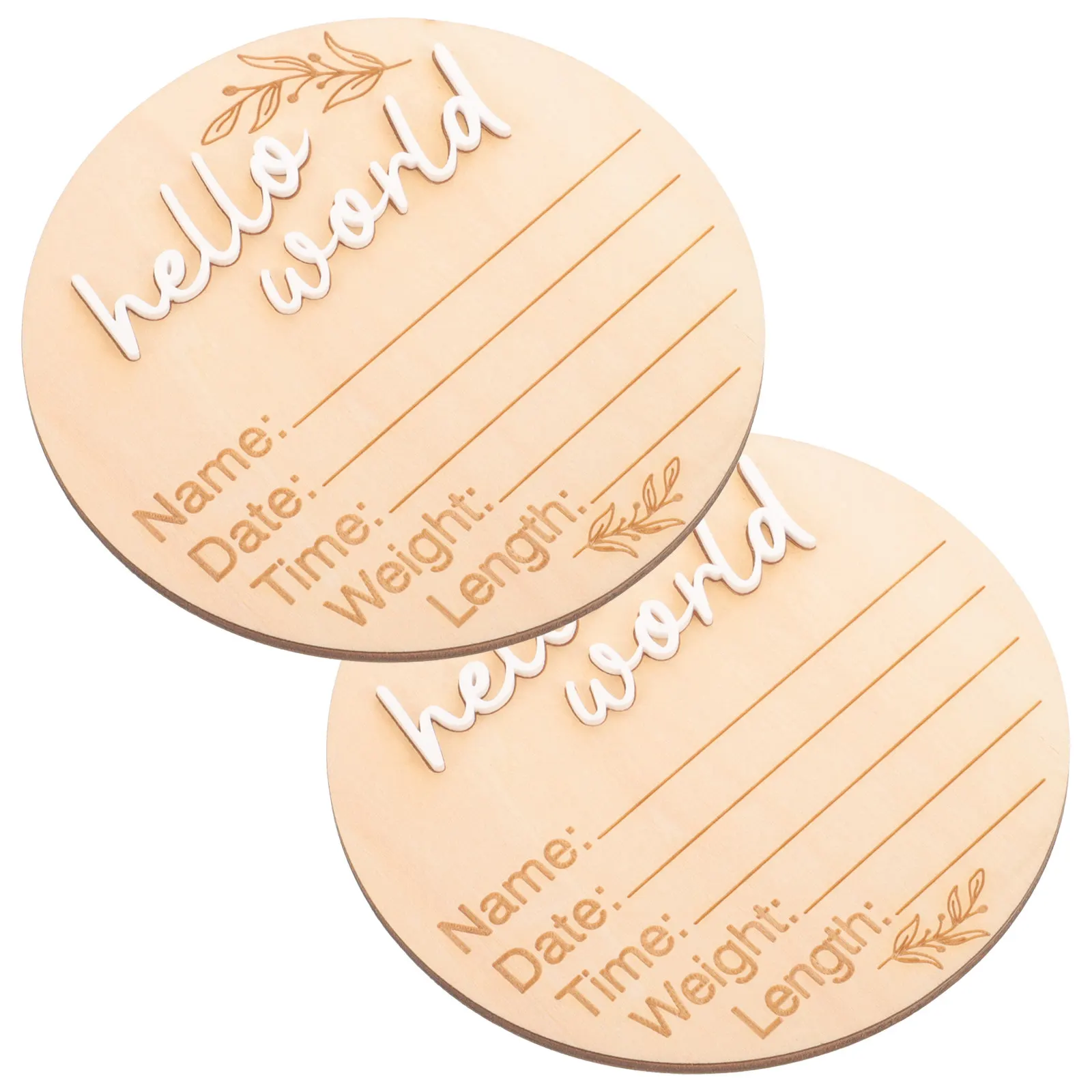 2Pcs Elegant Wooden Baby Birth Announcement Sign Circular Plaque to Record Newborns Hospital Home Decor