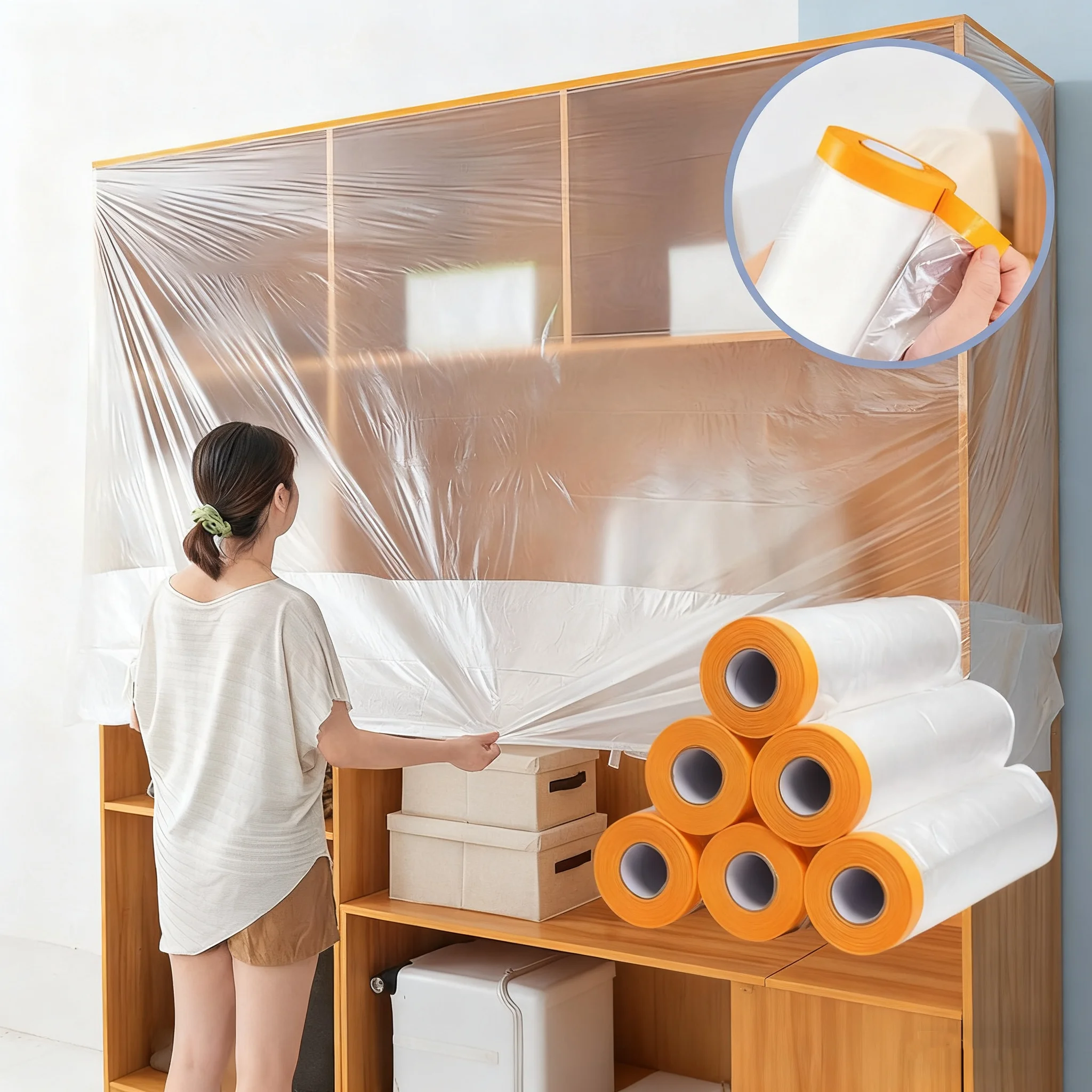 

Предварительно наклеенная маскирующая пленка, защитная полиэтиленовая тканевая лента для мебели для гостиной, пыленепроницаемая аэрозольная краска, автомобильная живопись